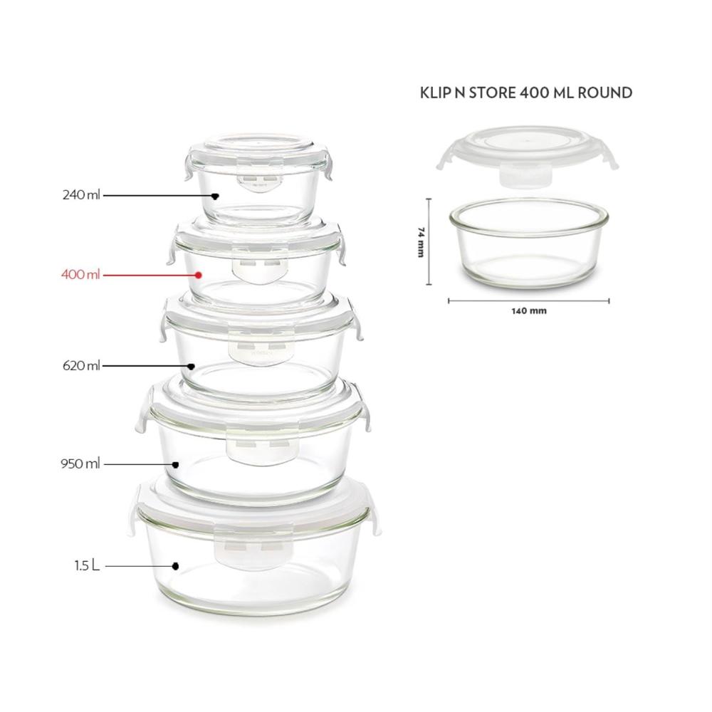 Borosil 400ml Klip n Store Round Glass Food Storage Container with Air Tight Lid | Borosilicate Glass Container for Lunchbox | Microwave & Dishwasher Safe | Transparent BGFGBKNS0101