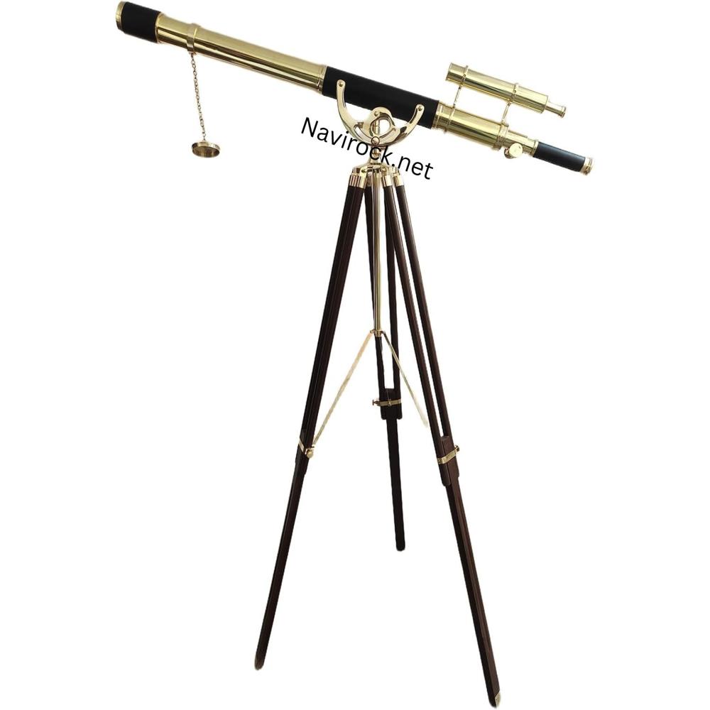Antique Style Brass Double Barrel Telescope Black Leather Wrapped, High Magnification Floor Standing Wooden Tripod, Classic Marine Home & Office Collectible