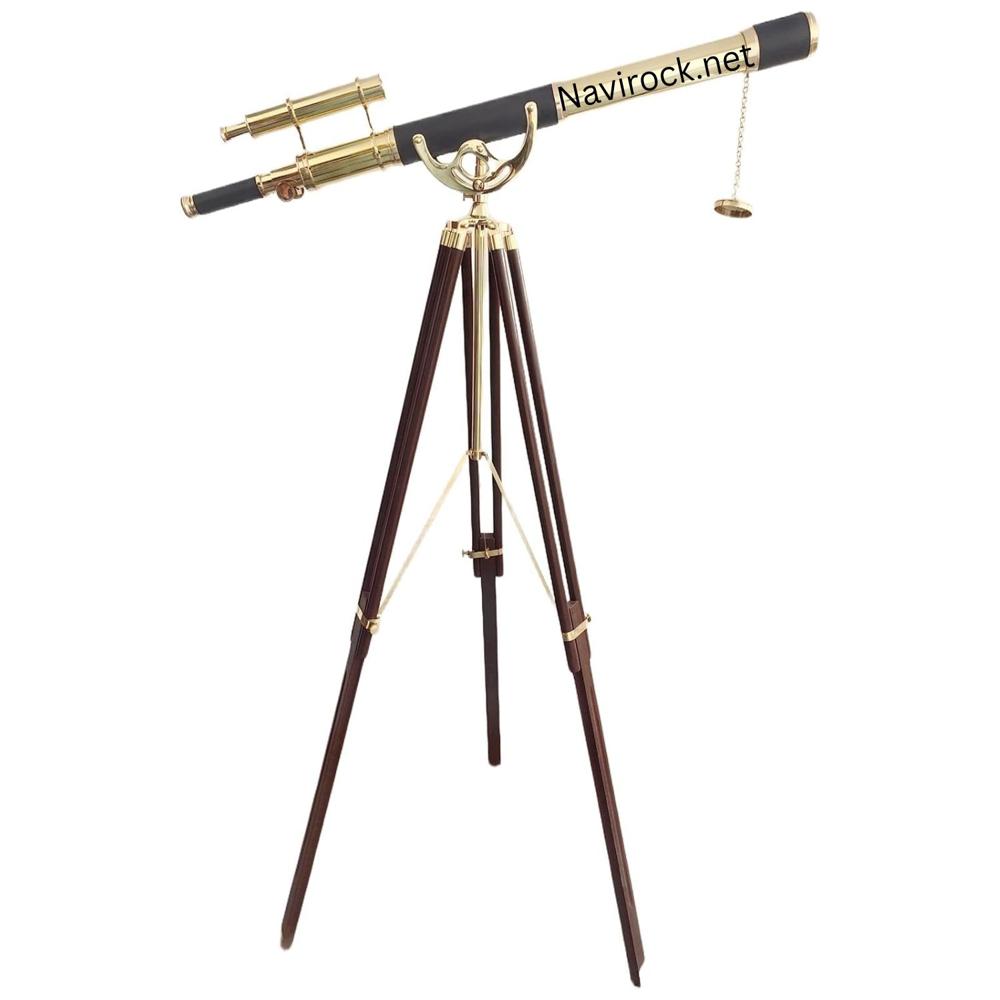 Antique Style Brass Double Barrel Telescope Black Leather Wrapped, High Magnification Floor Standing Wooden Tripod, Classic Marine Home & Office Collectible