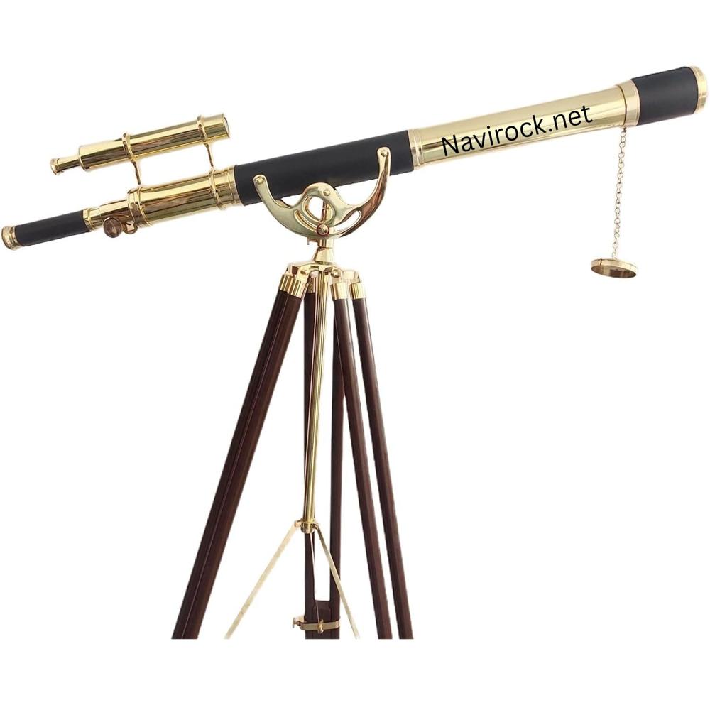 Antique Style Brass Double Barrel Telescope Black Leather Wrapped, High Magnification Floor Standing Wooden Tripod, Classic Marine Home & Office Collectible