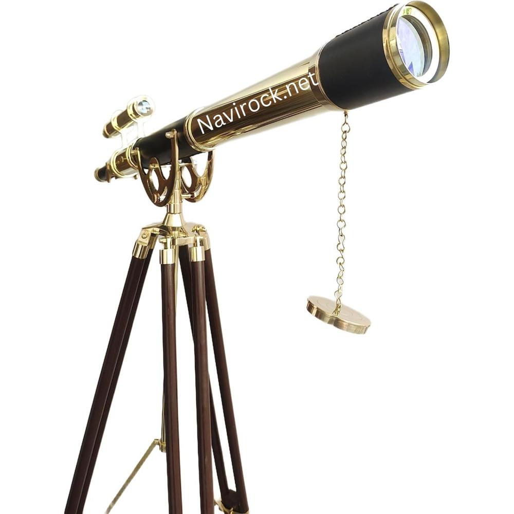 Antique Style Brass Double Barrel Telescope Black Leather Wrapped, High Magnification Floor Standing Wooden Tripod, Classic Marine Home & Office Collectible
