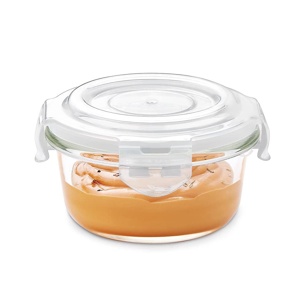 Borosil Klip N Store 240ml Round Glass Food Storage Container with Air Tight Lid | Borosilicate Glass Container for Lunchbox | Microwave & Oven Safe | Transparent BGFGBKNS0100