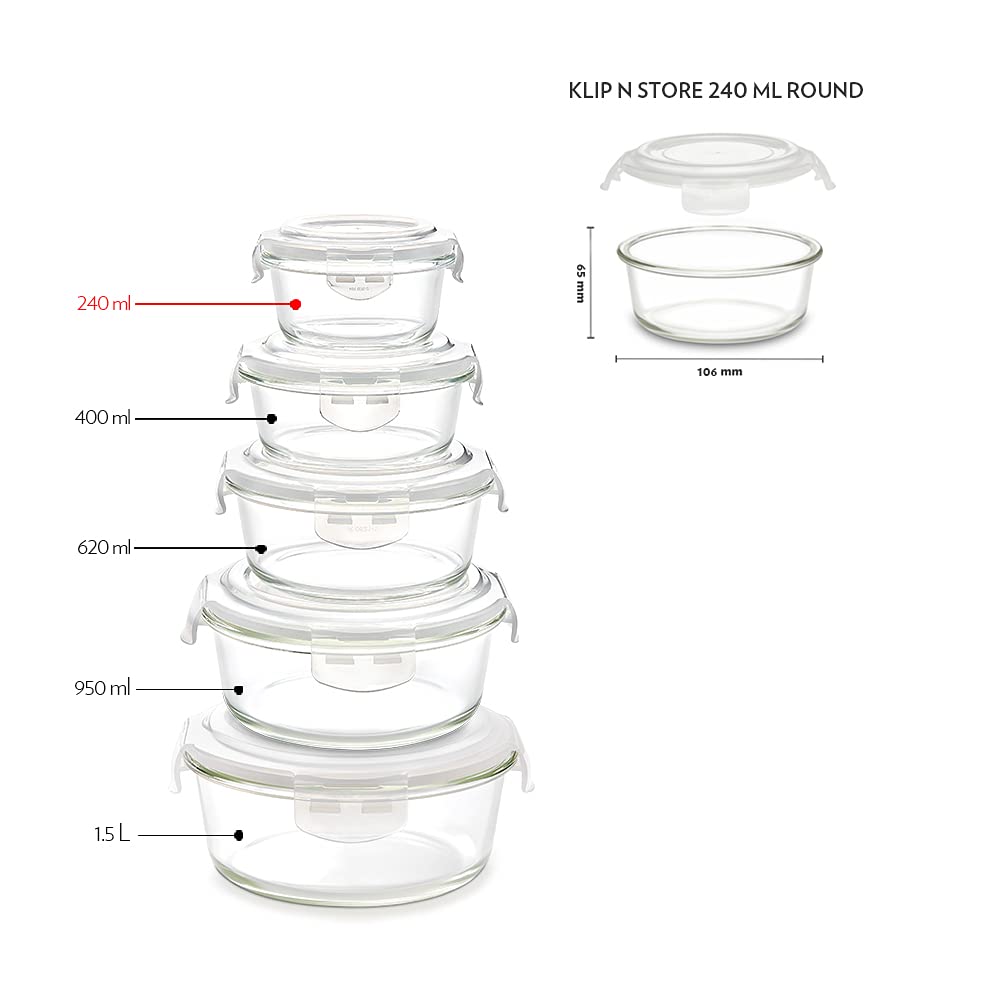 Borosil Klip N Store 240ml Round Glass Food Storage Container with Air Tight Lid | Borosilicate Glass Container for Lunchbox | Microwave & Oven Safe | Transparent BGFGBKNS0100