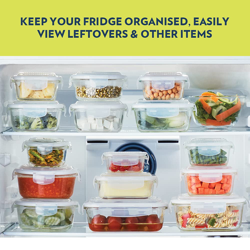 Borosil Klip N Store 240ml Round Glass Food Storage Container with Air Tight Lid | Borosilicate Glass Container for Lunchbox | Microwave & Oven Safe | Transparent BGFGBKNS0100