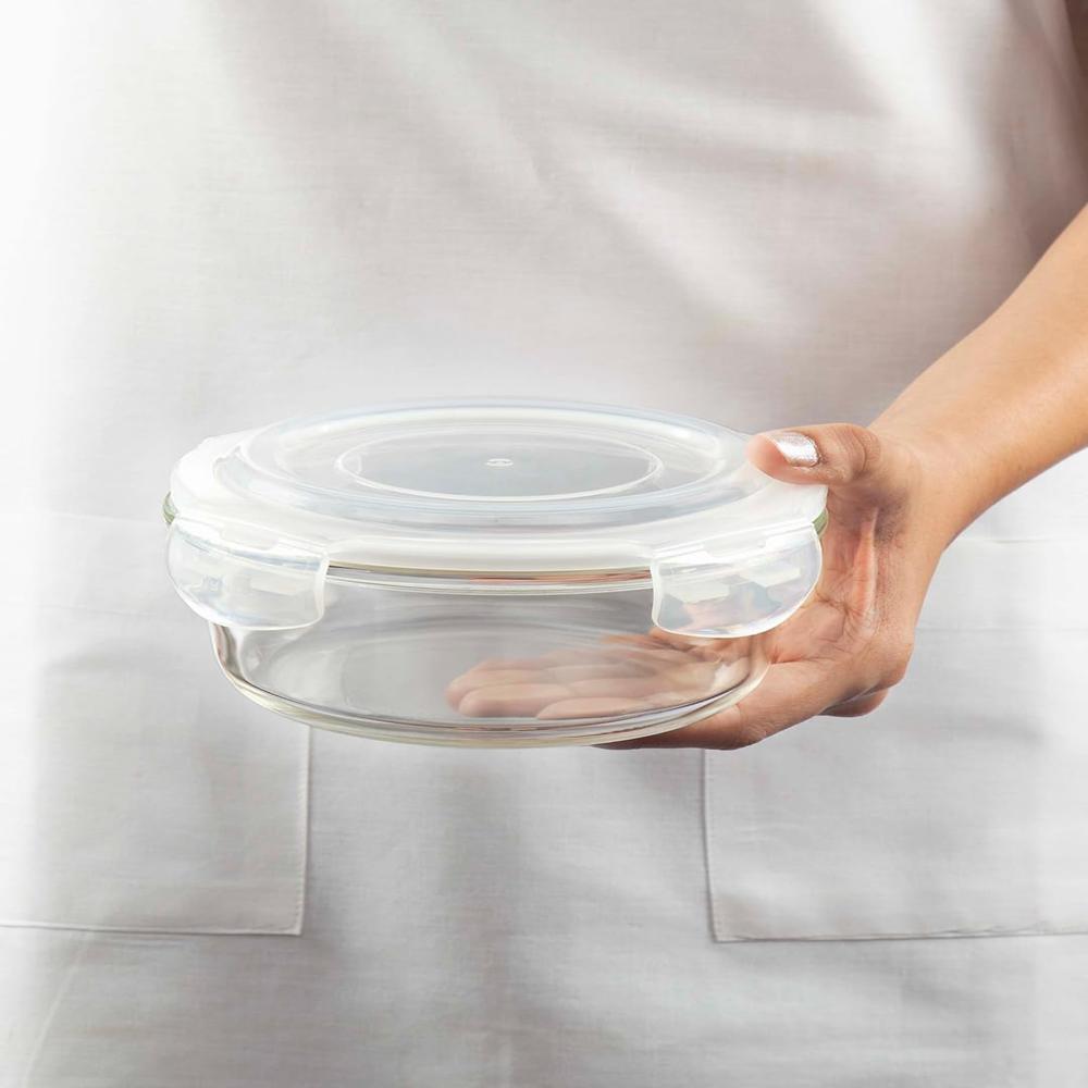 Borosil 620ml Klip n Store Round Glass Food Storage Container with Air Tight Lid | Borosilicate Glass Container for Lunchbox | Microwave & Dishwasher Safe | Transparent BGFGBKNS0102