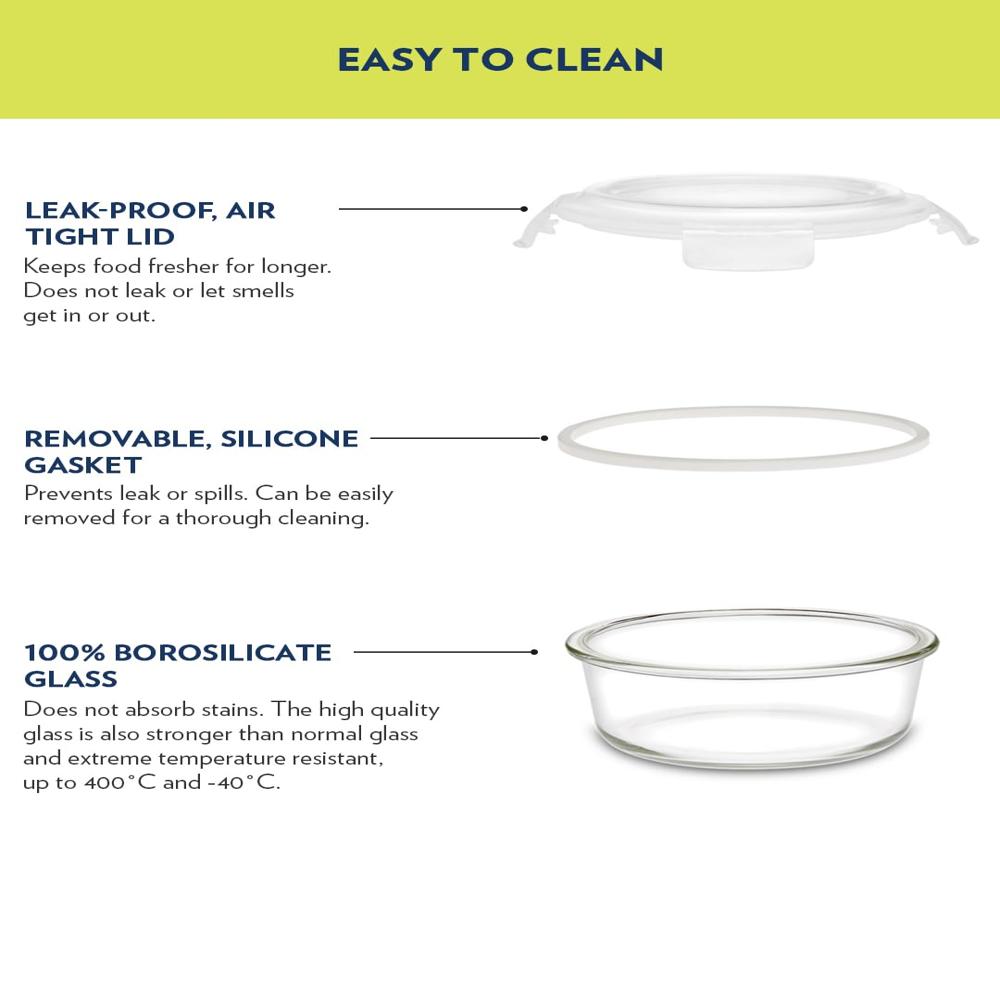 Borosil 620ml Klip n Store Round Glass Food Storage Container with Air Tight Lid | Borosilicate Glass Container for Lunchbox | Microwave & Dishwasher Safe | Transparent BGFGBKNS0102