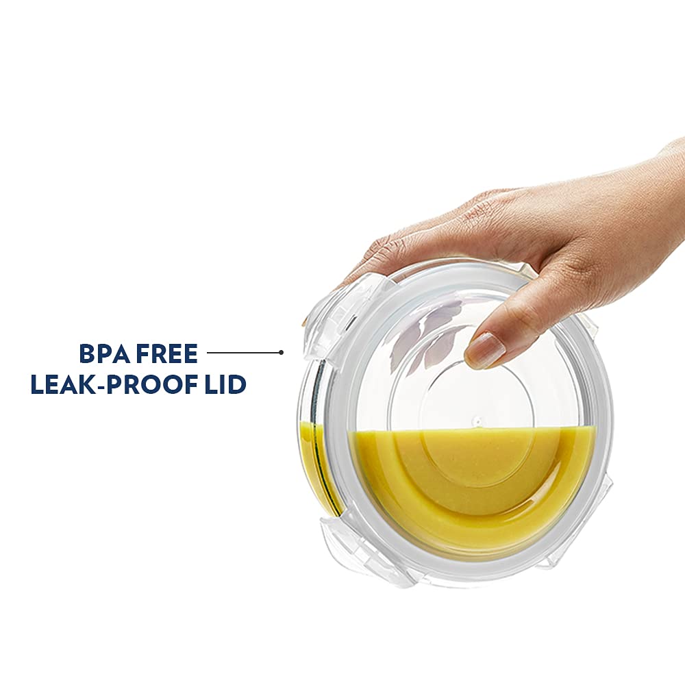 Borosil 620ml Klip n Store Round Glass Food Storage Container with Air Tight Lid | Borosilicate Glass Container for Lunchbox | Microwave & Dishwasher Safe | Transparent BGFGBKNS0102