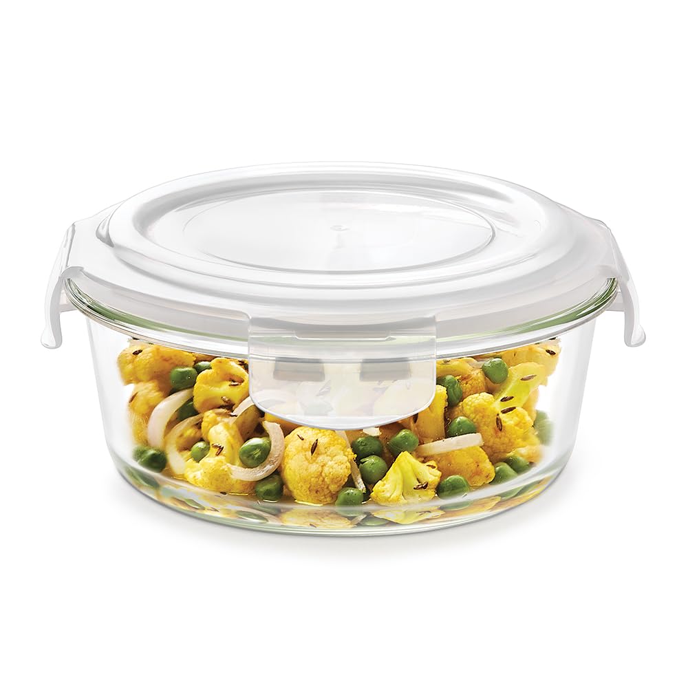 Borosil Klip n Store 950 ml Round Glass Food Storage Container with Air Tight Lid | Borosilicate Glass Container for Lunchbox | Microwave & Dishwasher Safe | Transparent BGFGBKNS0103