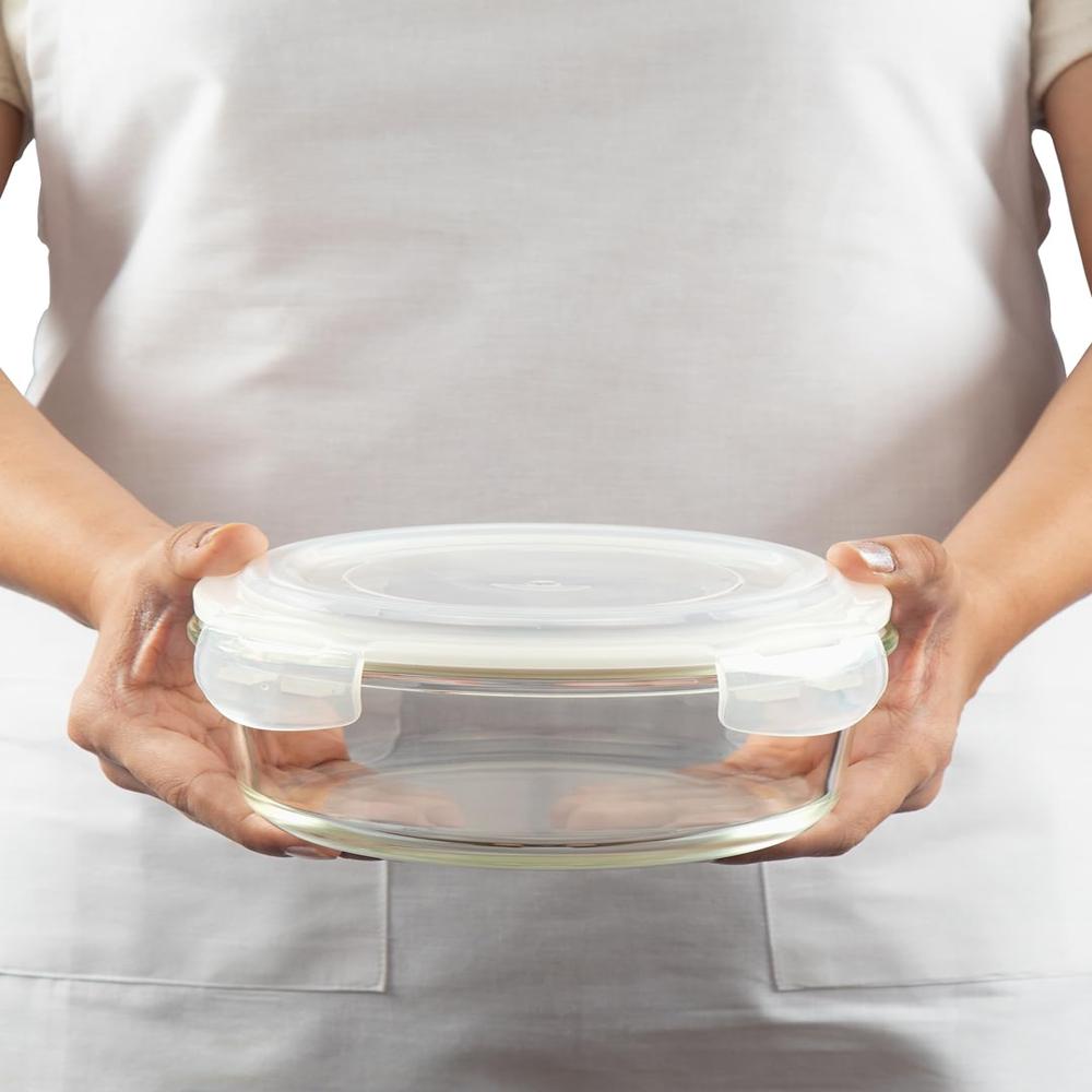 Borosil Klip n Store 950 ml Round Glass Food Storage Container with Air Tight Lid | Borosilicate Glass Container for Lunchbox | Microwave & Dishwasher Safe | Transparent BGFGBKNS0103