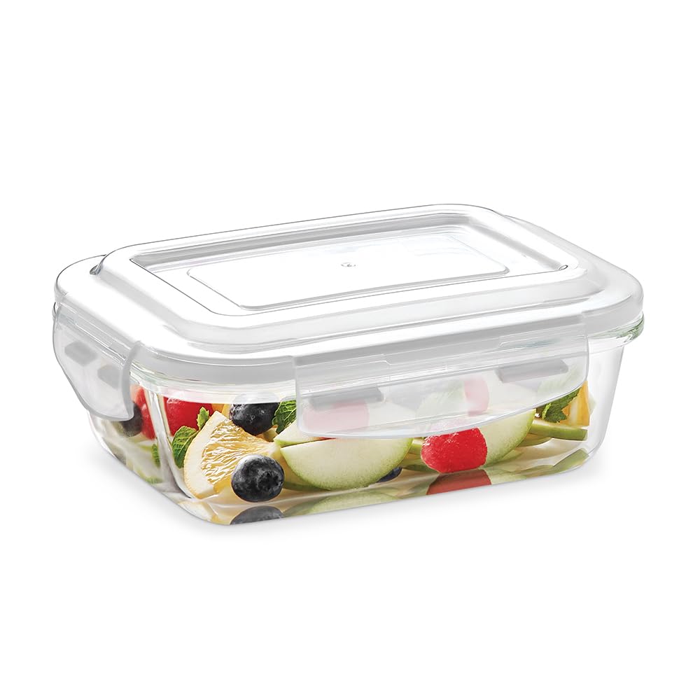 Borosil Klip n Store 370ml Rectanglular Food Storage Container with Airtght Glass Lid | Made in India Borosilicate Glass Container for Lunchbox | Microwave & Dishwasher Safe | Transparent BGFGBKNS0097