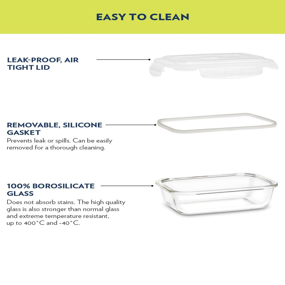 Borosil Klip n Store 370ml Rectanglular Food Storage Container with Airtght Glass Lid | Made in India Borosilicate Glass Container for Lunchbox | Microwave & Dishwasher Safe | Transparent BGFGBKNS0097