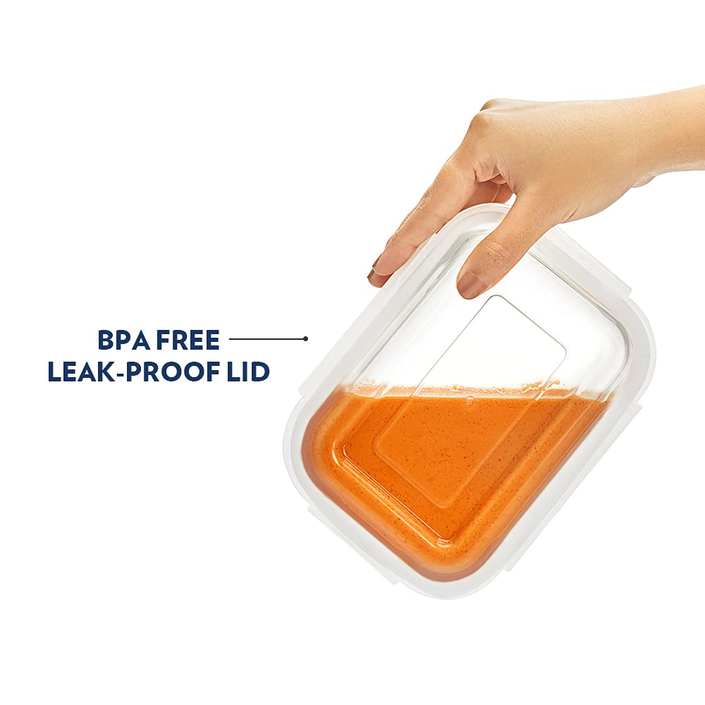 Borosil Klip n Store 370ml Rectanglular Food Storage Container with Airtght Glass Lid | Made in India Borosilicate Glass Container for Lunchbox | Microwave & Dishwasher Safe | Transparent BGFGBKNS0097