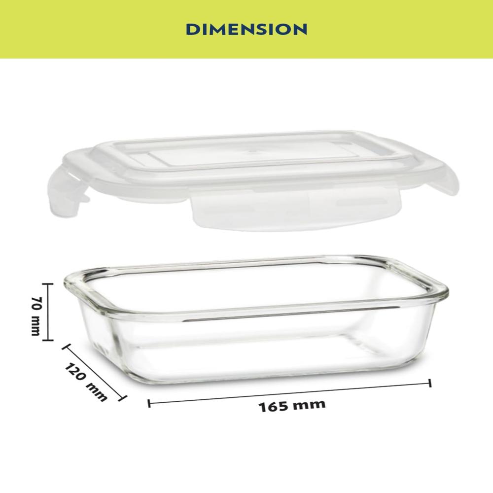 Borosil Klip n Store 370ml Rectanglular Food Storage Container with Airtght Glass Lid | Made in India Borosilicate Glass Container for Lunchbox | Microwave & Dishwasher Safe | Transparent BGFGBKNS0097
