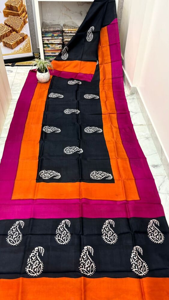 murshidabad pure silk hand Block printed sarees