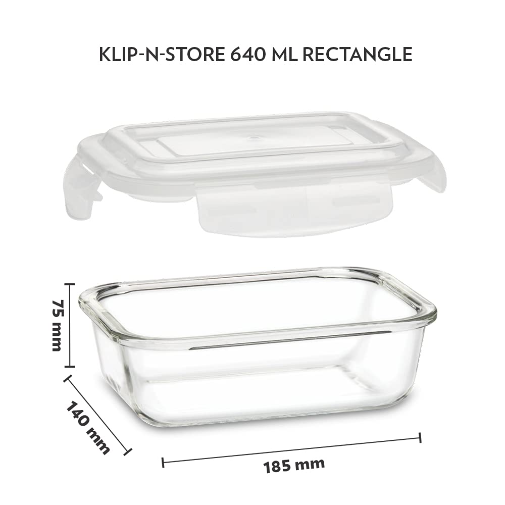 Borosil Klip n Store 120ml Rectanglular Food Storage Container with Airtght Glass Lid | Made in India Borosilicate Glass Container for Lunchbox | Microwave & Dishwasher Safe | Transparent BGFGBKNS0094