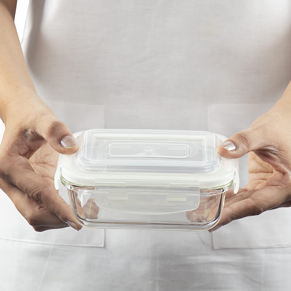 Borosil Klip n Store 120ml Rectanglular Food Storage Container with Airtght Glass Lid | Made in India Borosilicate Glass Container for Lunchbox | Microwave & Dishwasher Safe | Transparent BGFGBKNS0094