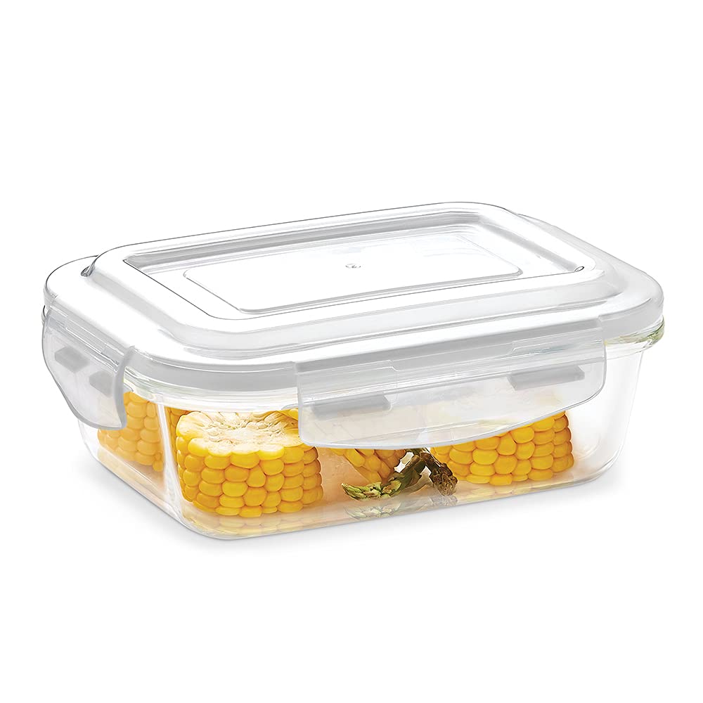 Borosil Klip N Store 1040ml Rectangular Glass Food Storage Container with Air Tight Lid | Borosilicate Glass Container for Lunchbox | Microwave & Oven Safe | Transparent BGFGBKNS0093