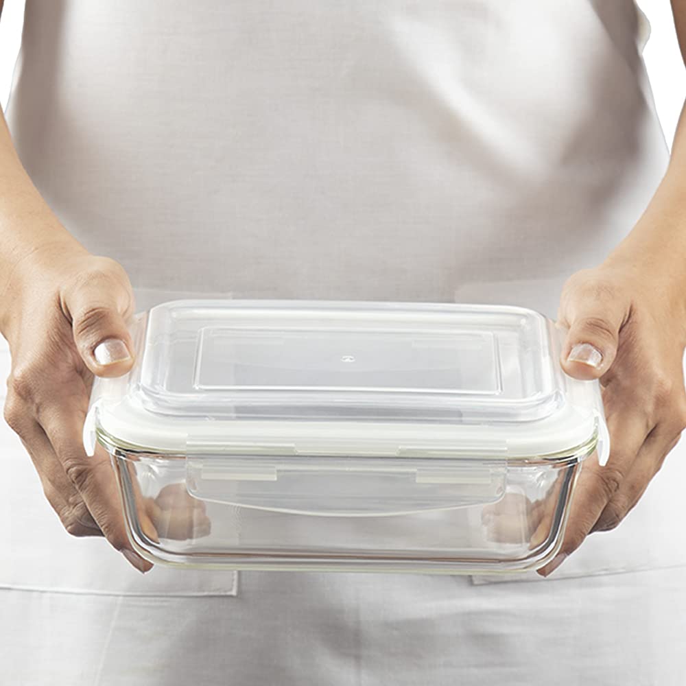 Borosil Klip N Store 1040ml Rectangular Glass Food Storage Container with Air Tight Lid | Borosilicate Glass Container for Lunchbox | Microwave & Oven Safe | Transparent BGFGBKNS0093