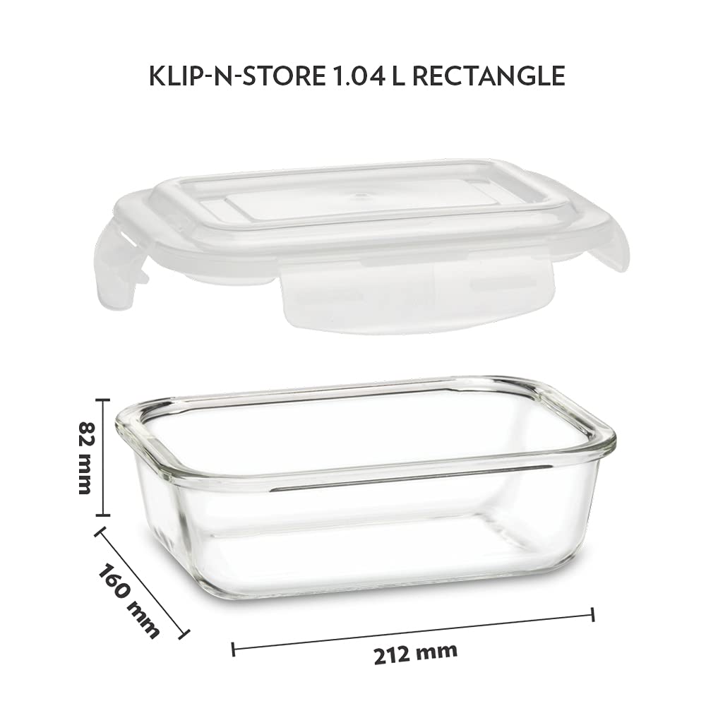 Borosil Klip N Store 1040ml Rectangular Glass Food Storage Container with Air Tight Lid | Borosilicate Glass Container for Lunchbox | Microwave & Oven Safe | Transparent BGFGBKNS0093