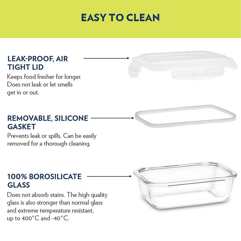 Borosil Klip N Store 1040ml Rectangular Glass Food Storage Container with Air Tight Lid | Borosilicate Glass Container for Lunchbox | Microwave & Oven Safe | Transparent BGFGBKNS0093