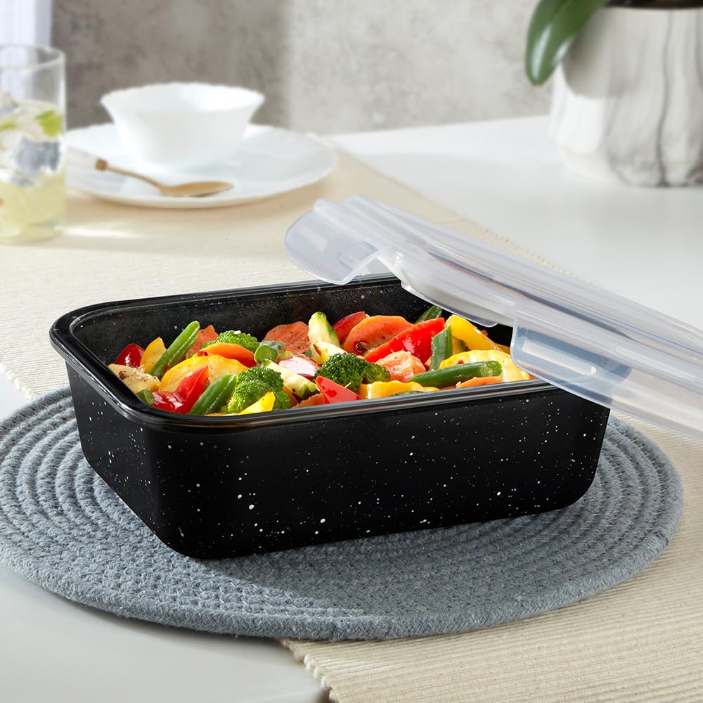 Borosil 1.52 L Pebble Black Food Storage Container with Air Tight Lid | Rectangle Shape Borosilicate Glass Organiser | Microwave & Dishwasher Safe | For Fridge, Kitchen Storage  BGFGBKNS0095
