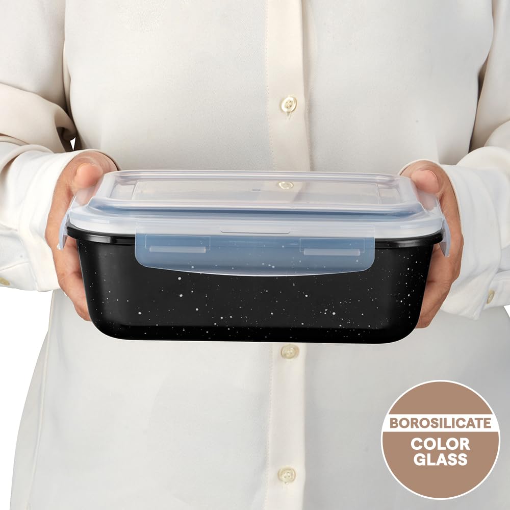 Borosil 1.52 L Pebble Black Food Storage Container with Air Tight Lid | Rectangle Shape Borosilicate Glass Organiser | Microwave & Dishwasher Safe | For Fridge, Kitchen Storage  BGFGBKNS0095
