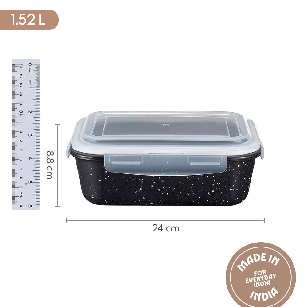 Borosil 1.52 L Pebble Black Food Storage Container with Air Tight Lid | Rectangle Shape Borosilicate Glass Organiser | Microwave & Dishwasher Safe | For Fridge, Kitchen Storage  BGFGBKNS0095