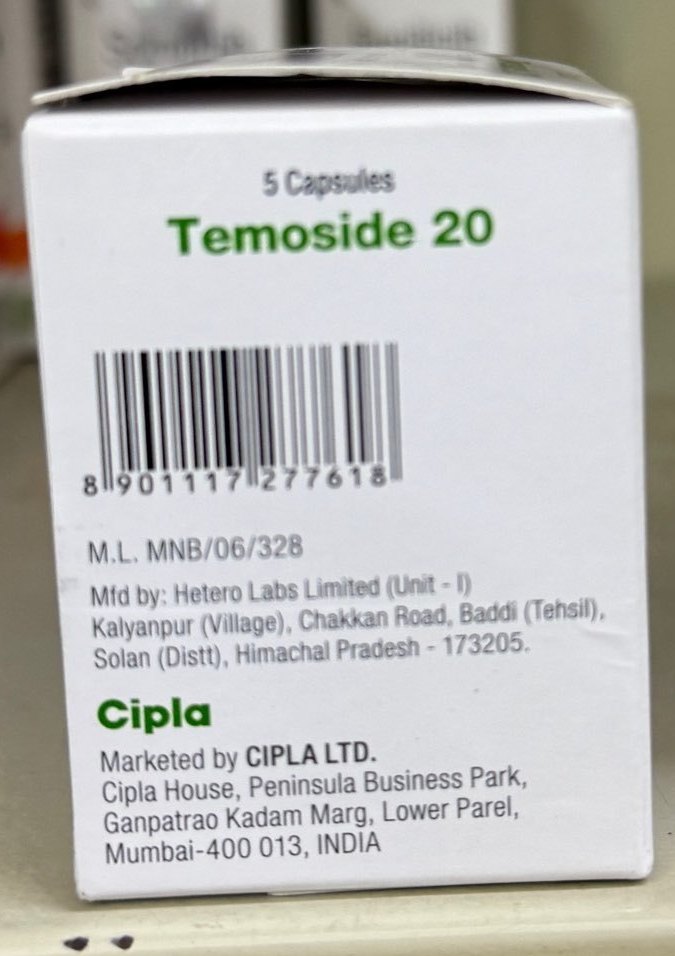 Temoside Temozolomide 20mg Capsule, Anti-Cancer Oncology Medicine