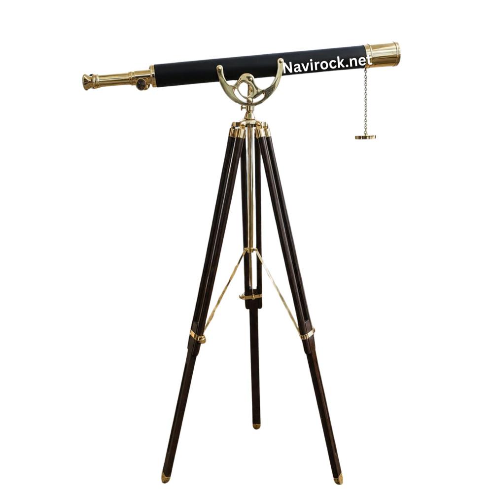 Vintage Marine Telescope Floor Standing Brass & Black Leather with Adjustable Wooden Tripod
