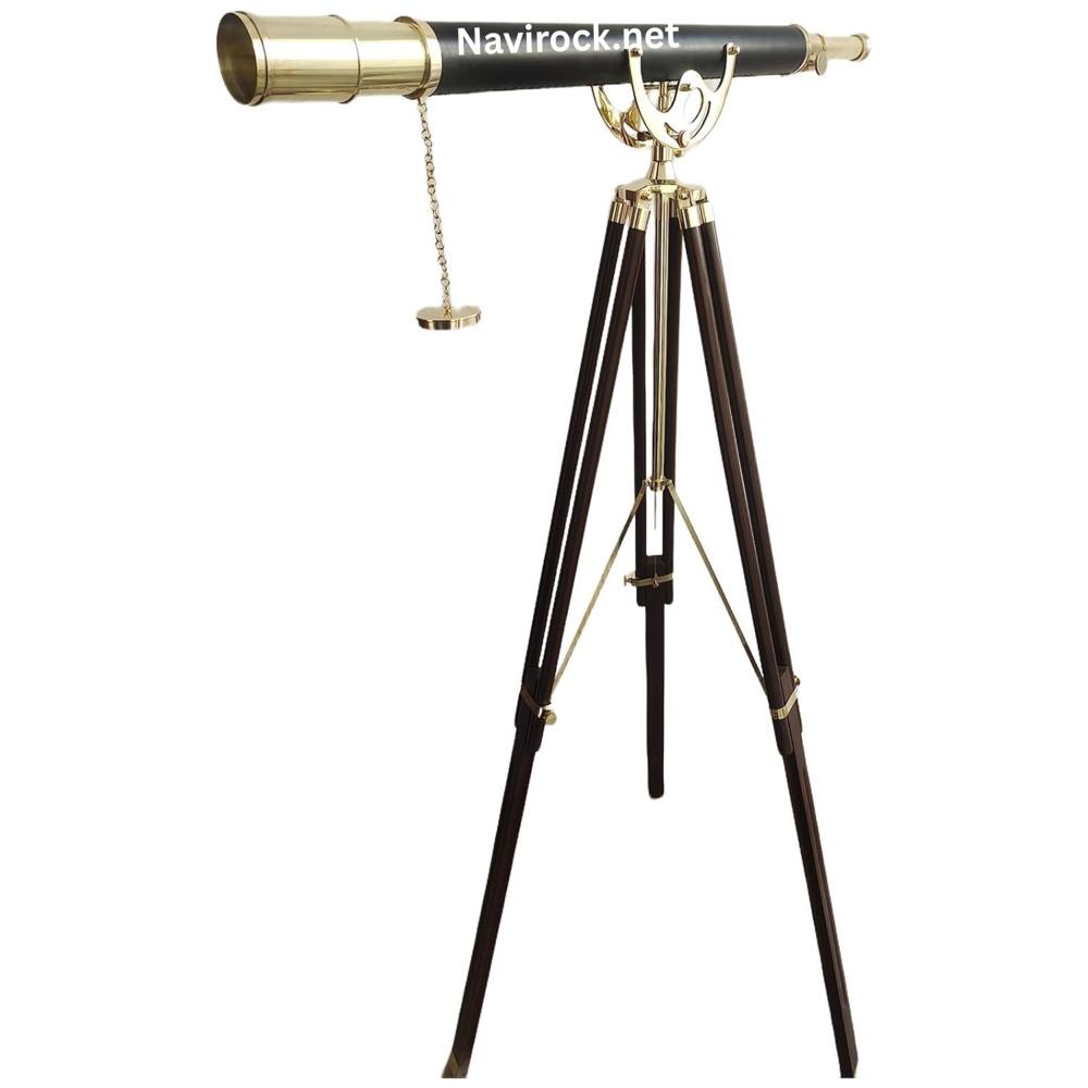 Vintage Marine Telescope Floor Standing Brass & Black Leather with Adjustable Wooden Tripod