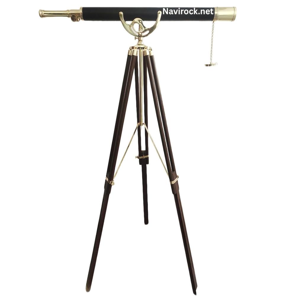 Vintage Marine Telescope Floor Standing Brass & Black Leather with Adjustable Wooden Tripod