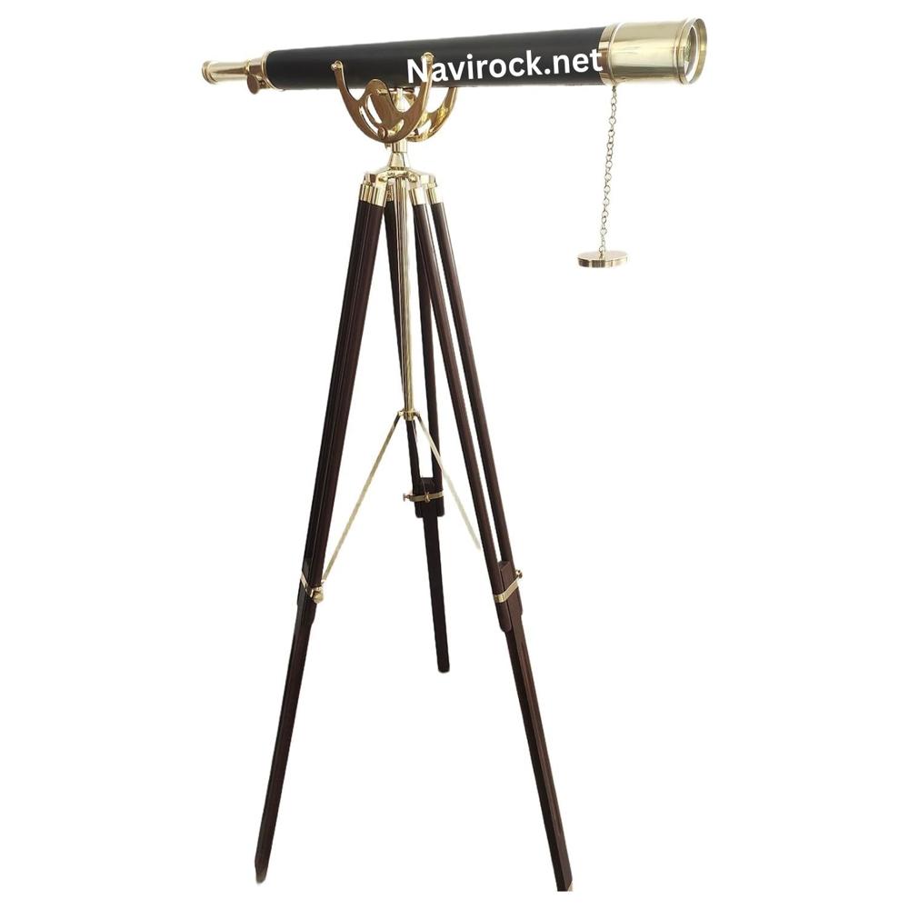 Vintage Marine Telescope Floor Standing Brass & Black Leather with Adjustable Wooden Tripod