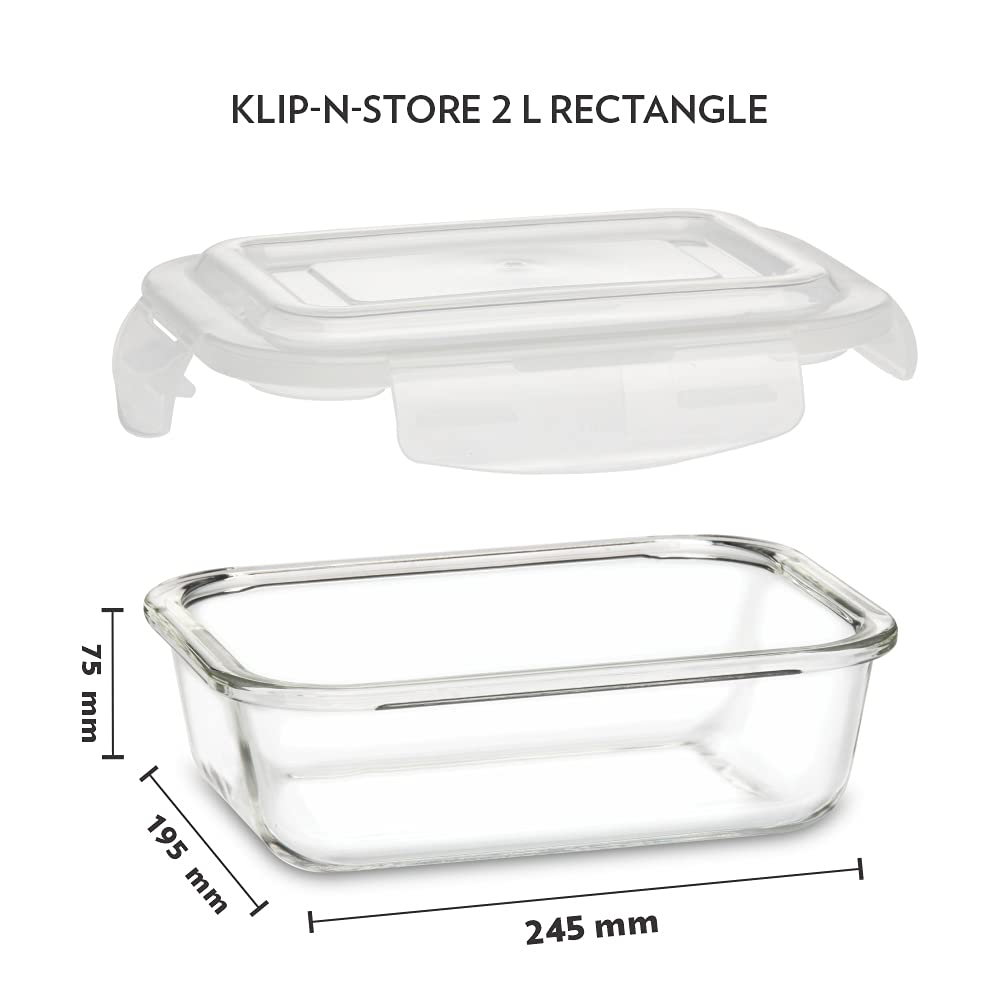 Borosil Klip N Store Glass Storage Container For Kitchen With Air-Tight Lid, Microwave & Oven Safe, Rectangle, 2 L, Clear BGFGBKNS0096