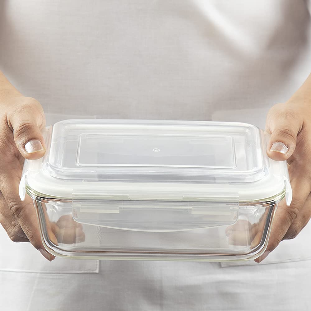Borosil Klip N Store Glass Storage Container For Kitchen With Air-Tight Lid, Microwave & Oven Safe, Rectangle, 2 L, Clear BGFGBKNS0096