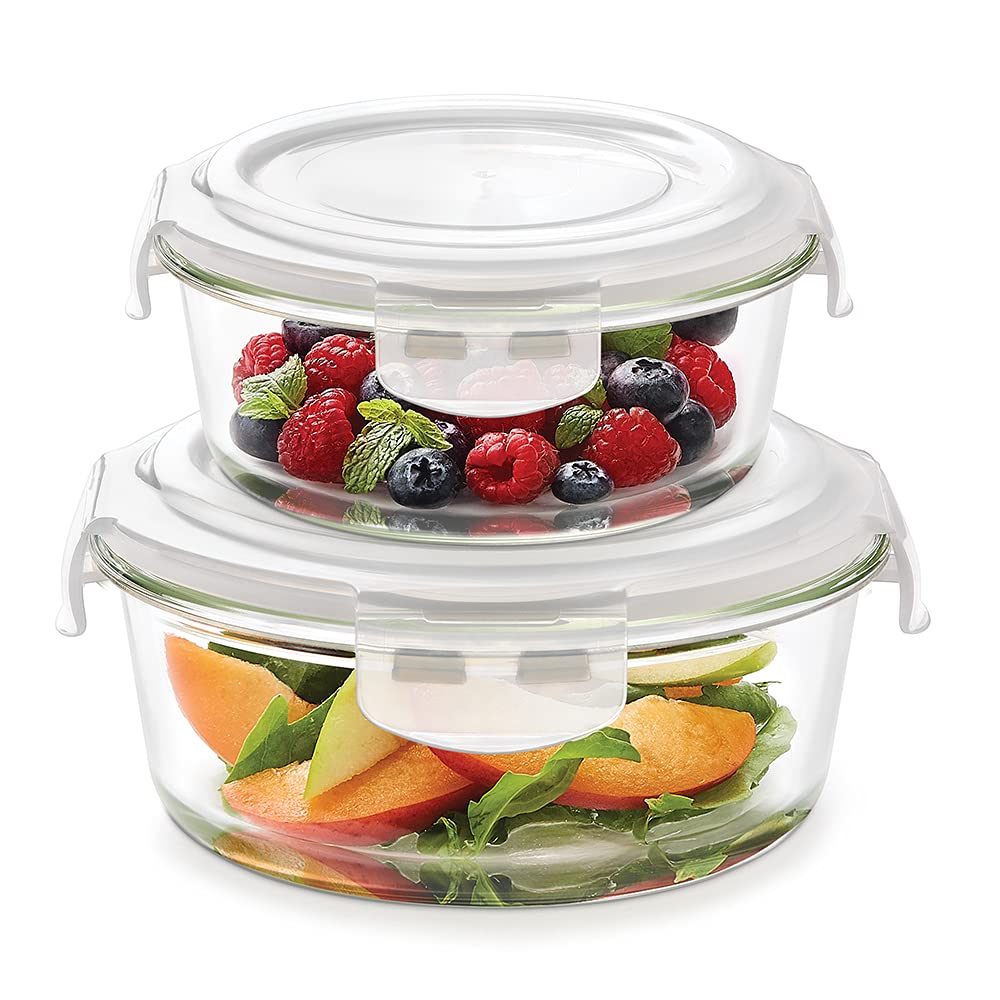 Borosil Klip-N-Store Set of 2 Microwave & Oven Safe Gift Set, Glass Storage Container, 240ml & 400ml Round, with Air Tight Lid (Transparent) IYKNS02RN01GS