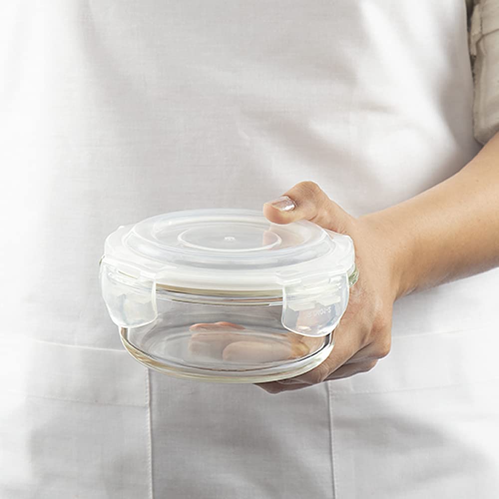 Borosil Klip-N-Store Set of 2 Microwave & Oven Safe Gift Set, Glass Storage Container, 240ml & 400ml Round, with Air Tight Lid (Transparent) IYKNS02RN01GS
