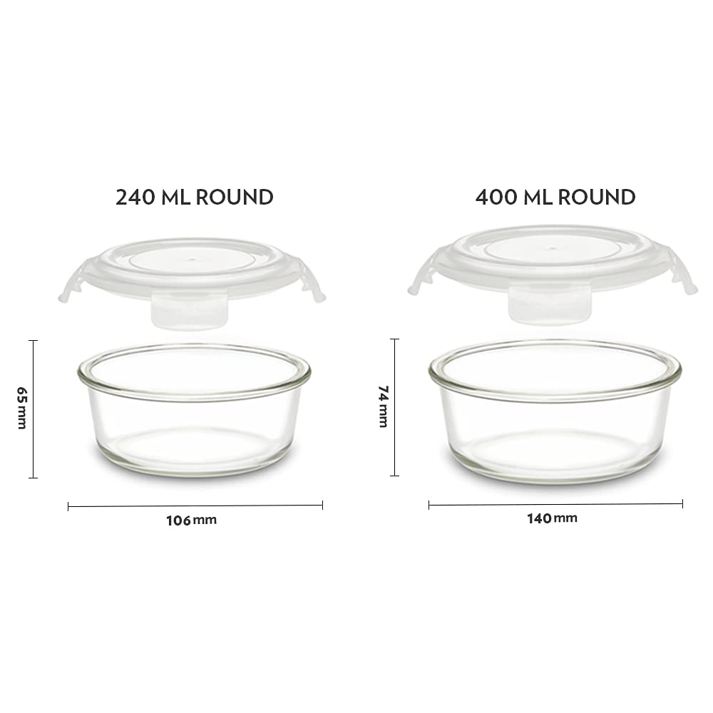 Borosil Klip-N-Store Set of 2 Microwave & Oven Safe Gift Set, Glass Storage Container, 240ml & 400ml Round, with Air Tight Lid (Transparent) IYKNS02RN01GS