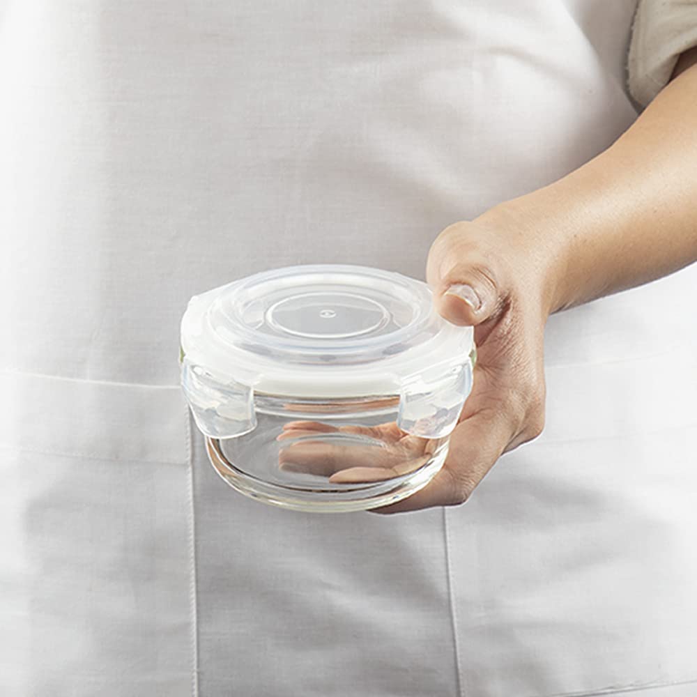 Borosil Klip-N-Store Set of 2 Microwave & Oven Safe Gift Set, Glass Storage Container, 240ml & 400ml Round, with Air Tight Lid (Transparent) IYKNS02RN01GS