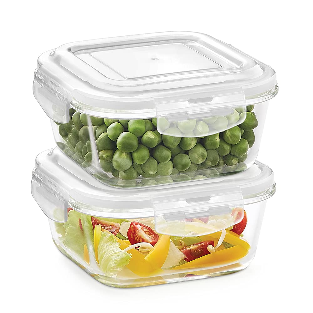 Borosil Klip N Store Square Glass Food Storage Container Set with Air Tight Lid | Borosilicate Glass Container for Lunchbox | Microwave & Dishwasher Safe | Transparent (2, Transparent) 320 ml + 520 ml  IYKNS02SQ01 / IYKNS02SQ01GS