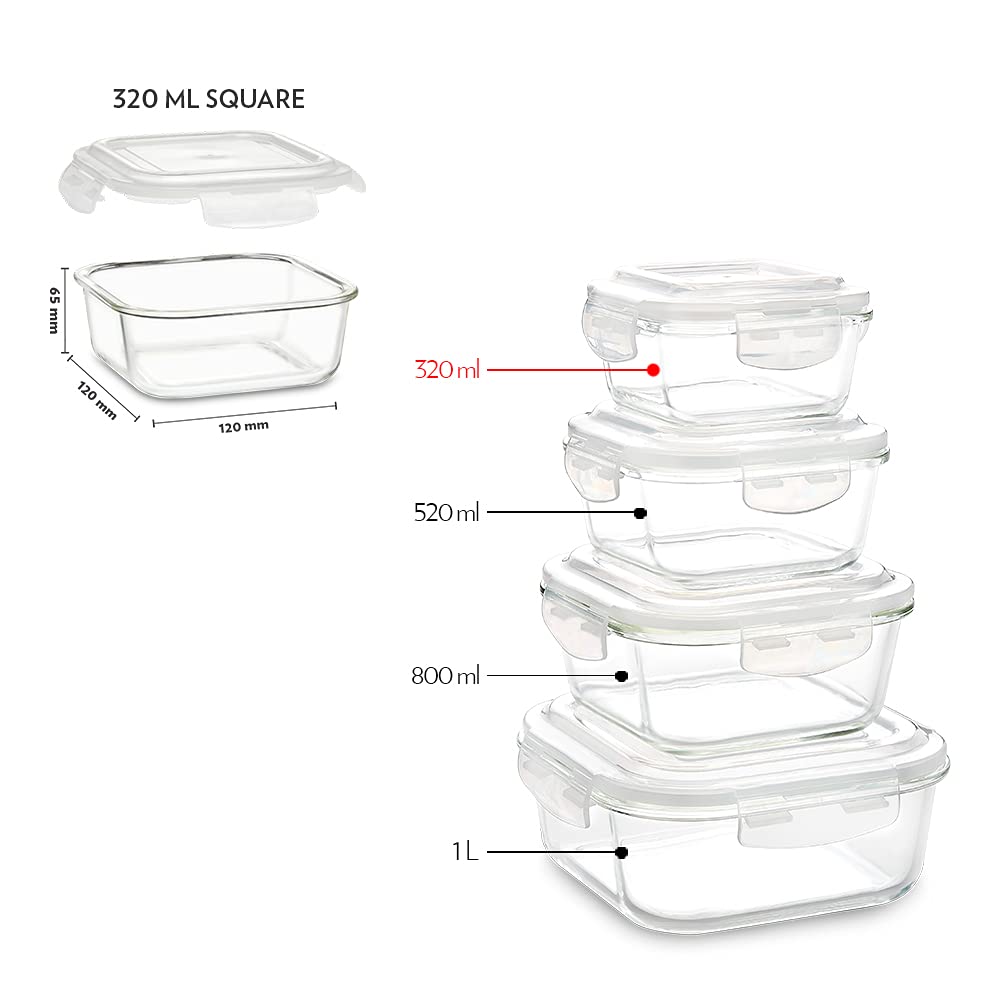 Borosil Klip N Store Square Glass Food Storage Container Set with Air Tight Lid | Borosilicate Glass Container for Lunchbox | Microwave & Dishwasher Safe | Transparent (2, Transparent) 320 ml + 520 ml  IYKNS02SQ01 / IYKNS02SQ01GS