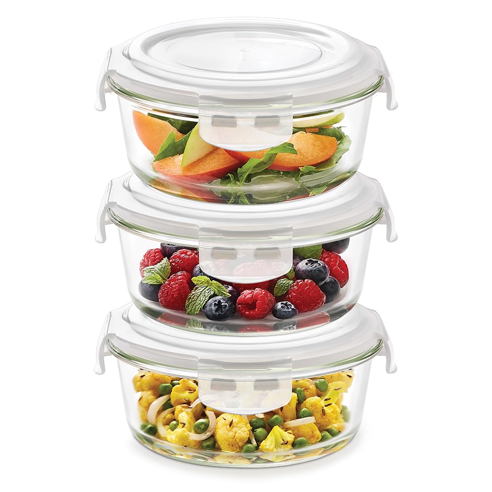Borosil Klip N Store400 Ml + 620 Ml + 950 Ml Round Glass Food Storage Container Set With Air Tight Lid | Borosilicate Glass Container For Lunchbox | Microwave & Dishwasher Safe | Transparent Iykns03rn01 / Iykns03rn01gs - Color: Clear