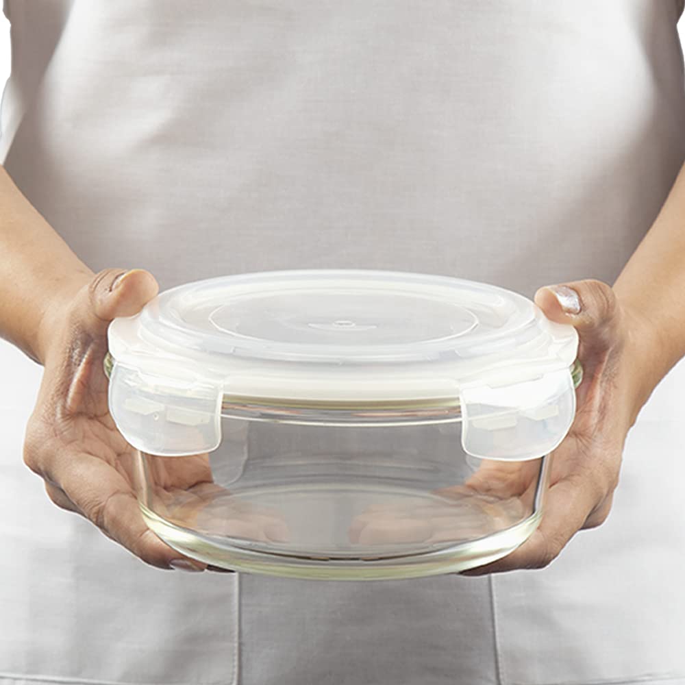 Borosil Klip n Store400 ml + 620 ml + 950 ml Round Glass Food Storage Container Set with Air Tight Lid | Borosilicate Glass Container for Lunchbox | Microwave & Dishwasher Safe | Transparent IYKNS03RN01 / IYKNS03RN01GS