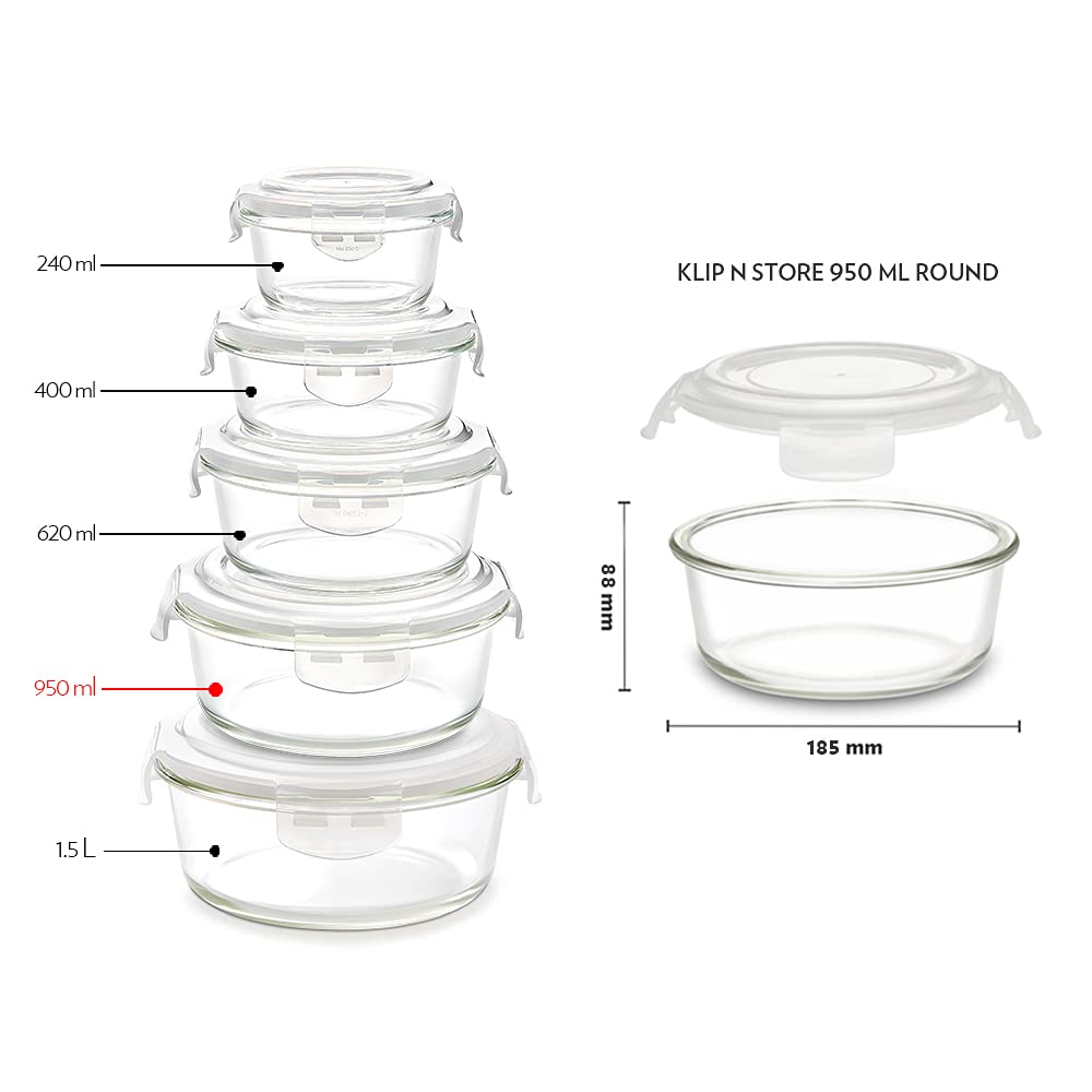 Borosil Klip n Store400 ml + 620 ml + 950 ml Round Glass Food Storage Container Set with Air Tight Lid | Borosilicate Glass Container for Lunchbox | Microwave & Dishwasher Safe | Transparent IYKNS03RN01 / IYKNS03RN01GS