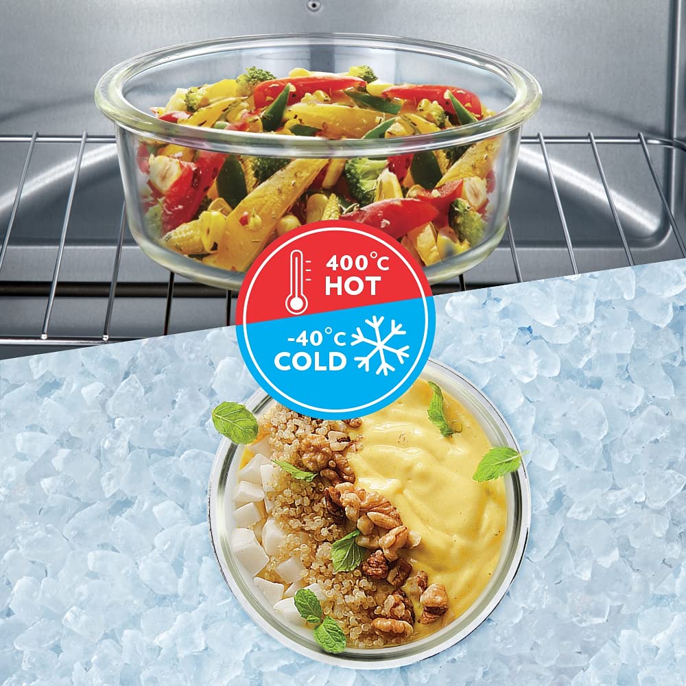 Borosil Klip n Store400 ml + 620 ml + 950 ml Round Glass Food Storage Container Set with Air Tight Lid | Borosilicate Glass Container for Lunchbox | Microwave & Dishwasher Safe | Transparent IYKNS03RN01 / IYKNS03RN01GS
