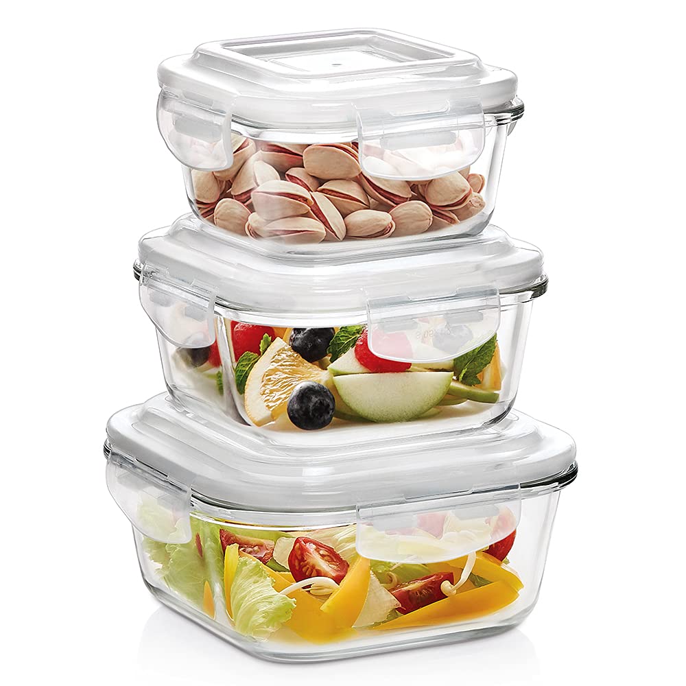 Borosil Klip N Store Glass Storage Containers For Kitchen With Air-Tight Lids, Microwave & Oven Safe, Square, Set of 3 (320 ml, 520 ml, 800ml), Clear IYKNS03SQ01GS