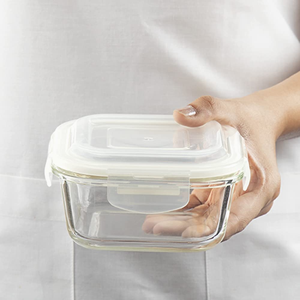 Borosil Klip N Store Glass Storage Containers For Kitchen With Air-Tight Lids, Microwave & Oven Safe, Square, Set of 3 (320 ml, 520 ml, 800ml), Clear IYKNS03SQ01GS