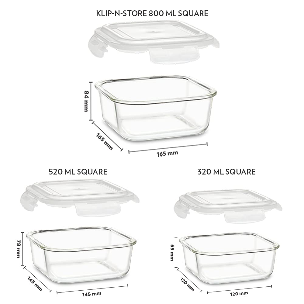 Borosil Klip N Store Glass Storage Containers For Kitchen With Air-Tight Lids, Microwave & Oven Safe, Square, Set of 3 (320 ml, 520 ml, 800ml), Clear IYKNS03SQ01GS