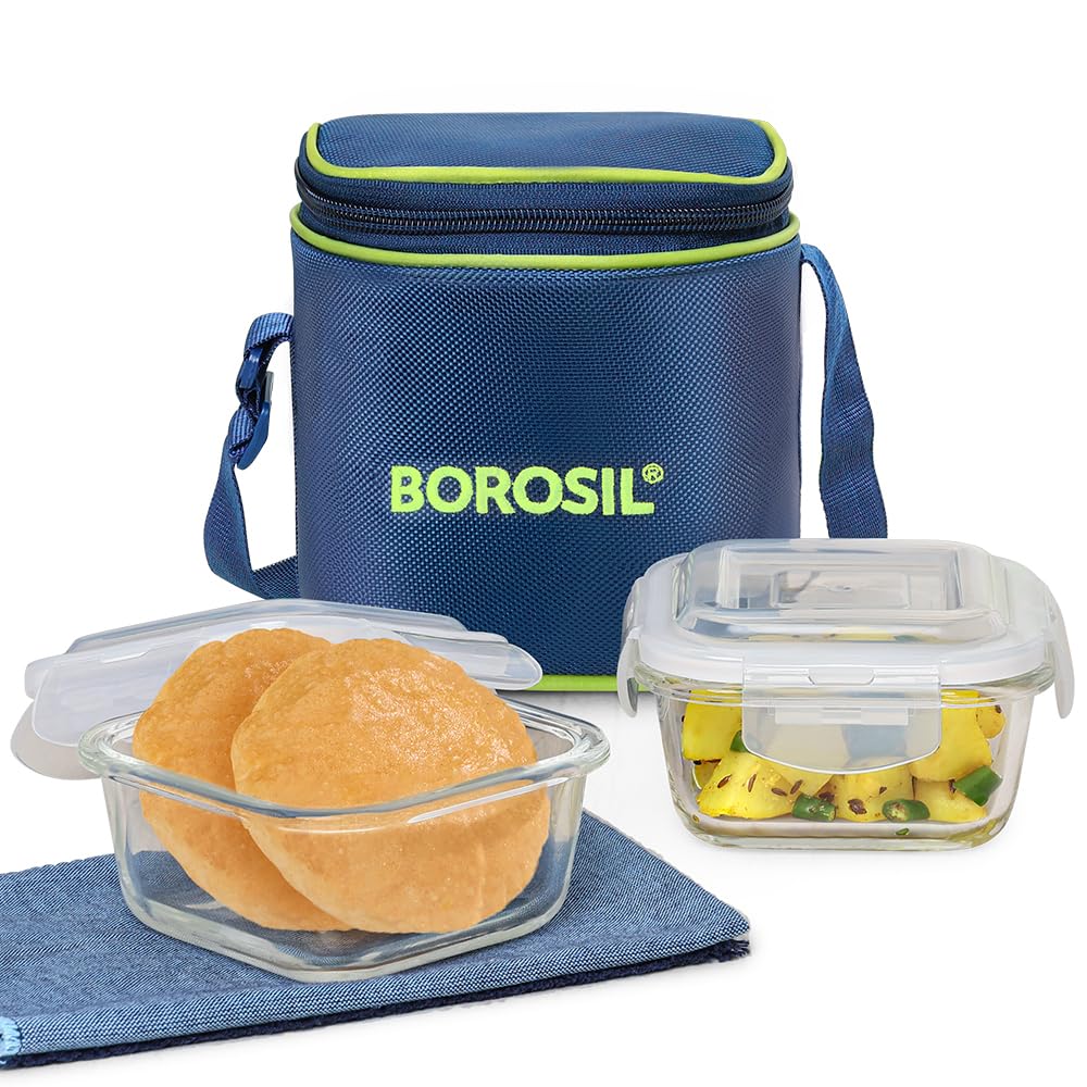 Borosil Klip n Store 320ml x 2 Square Container Lunchbox | Made in India Borosilicate Glass | Microwave & Dishwasher Safe | Tiffin for Office/School/College | Vertical BGFGBTIF0159