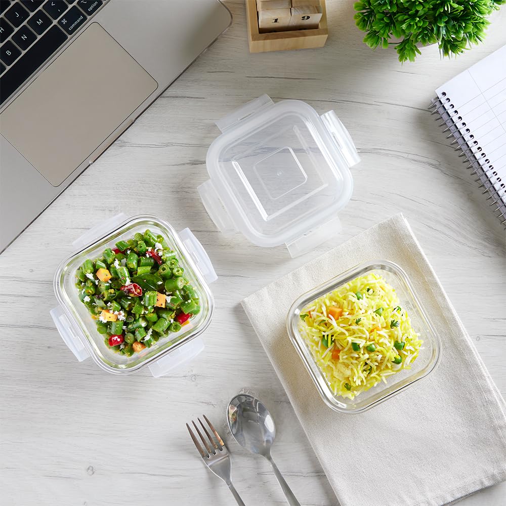 Borosil Klip n Store 320ml x 2 Square Container Lunchbox | Made in India Borosilicate Glass | Microwave & Dishwasher Safe | Tiffin for Office/School/College | Vertical BGFGBTIF0159