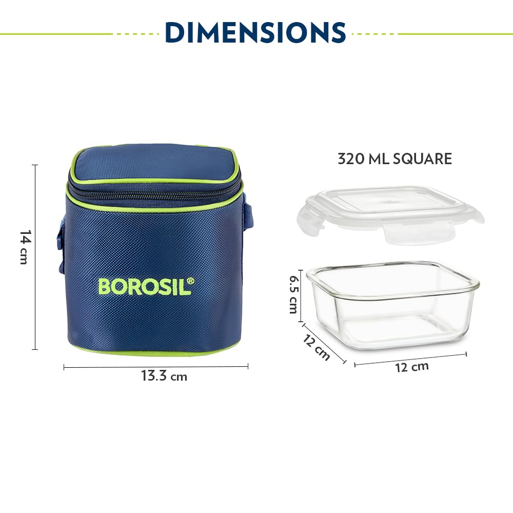 Borosil Klip n Store 320ml x 2 Square Container Lunchbox | Made in India Borosilicate Glass | Microwave & Dishwasher Safe | Tiffin for Office/School/College | Vertical BGFGBTIF0159